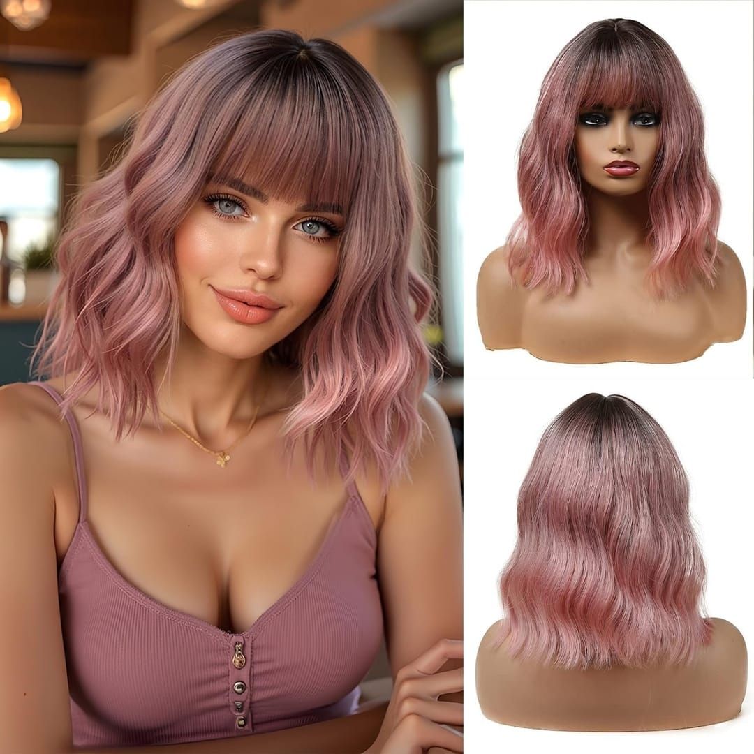 Peruca ROZ Ombre, par bob ondulat, cu breton, 36 cm