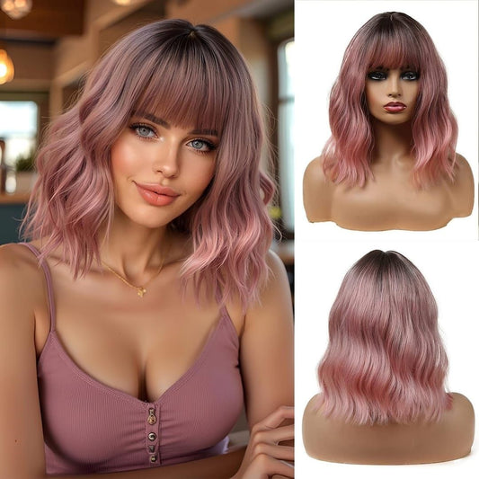 Peruca ROZ Ombre, par bob ondulat, cu breton, 36 cm