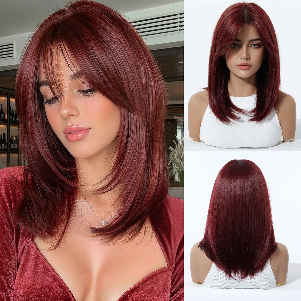 Peruca Visinie Burgundy, par mediu drept, cu breton, 40 cm