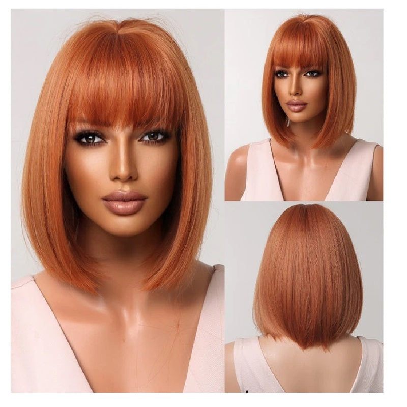 Peruca Aramiu Cupru, model bob, par drept, cu breton, 30 cm