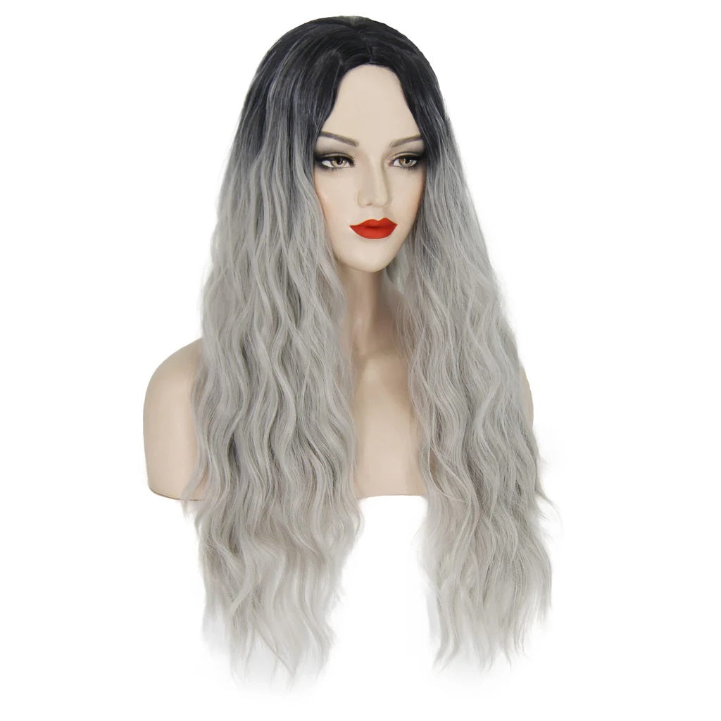Peruca Argintie Gri Silver, par lung ondulat, fara breton, 65 cm
