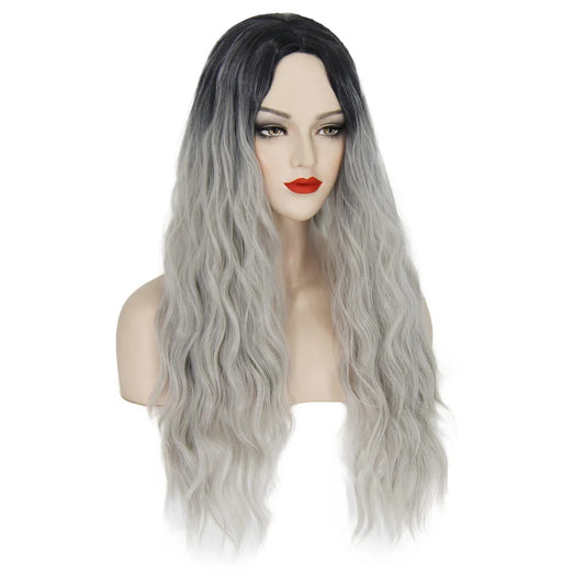 Peruca Argintie Gri Silver, par lung ondulat, fara breton, 65 cm