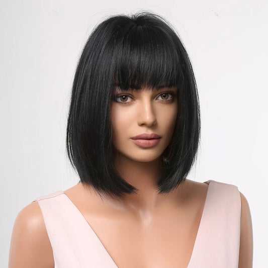 Peruca Neagra, par bob drept, cu breton, 36 cm