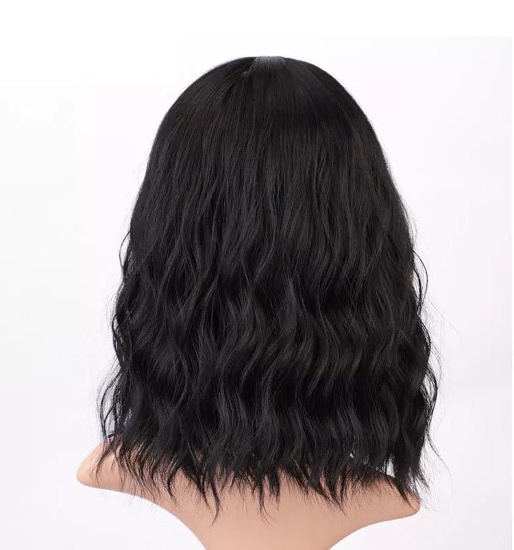 Peruca bob Neagra, par ondulat, cu breton, 36 cm