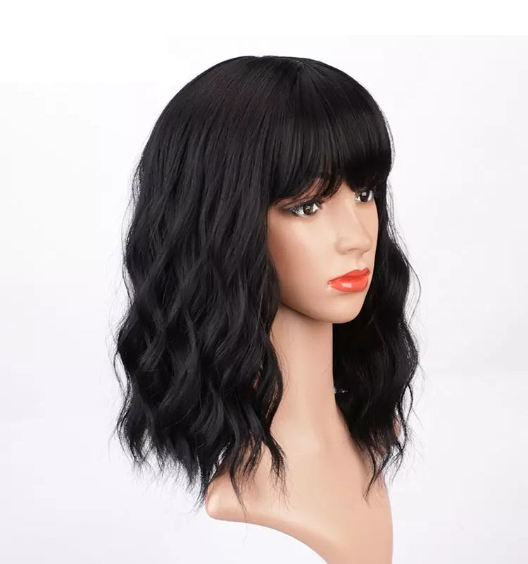 Peruca bob Neagra, par ondulat, cu breton, 36 cm