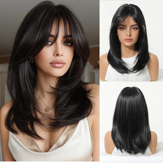 Peruca Neagra, par mediu drept, cu semi breton, 40 cm