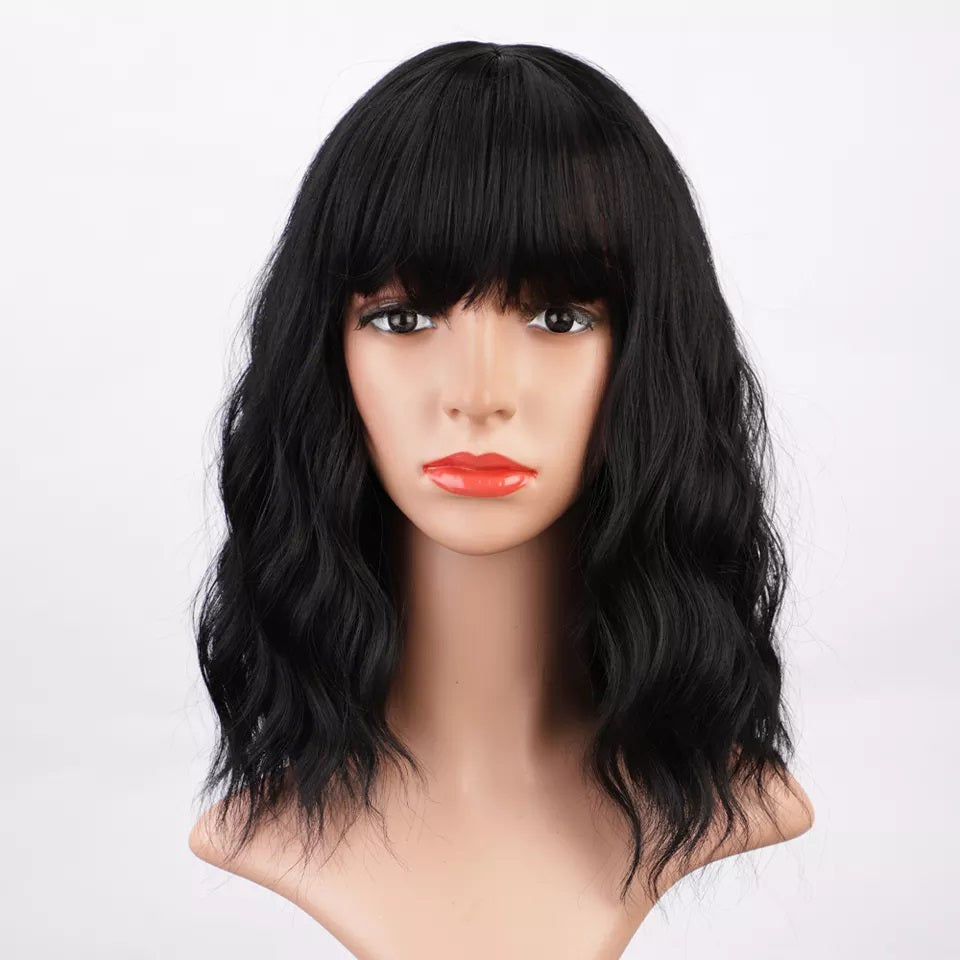 Peruca bob Neagra, par ondulat, cu breton, 36 cm