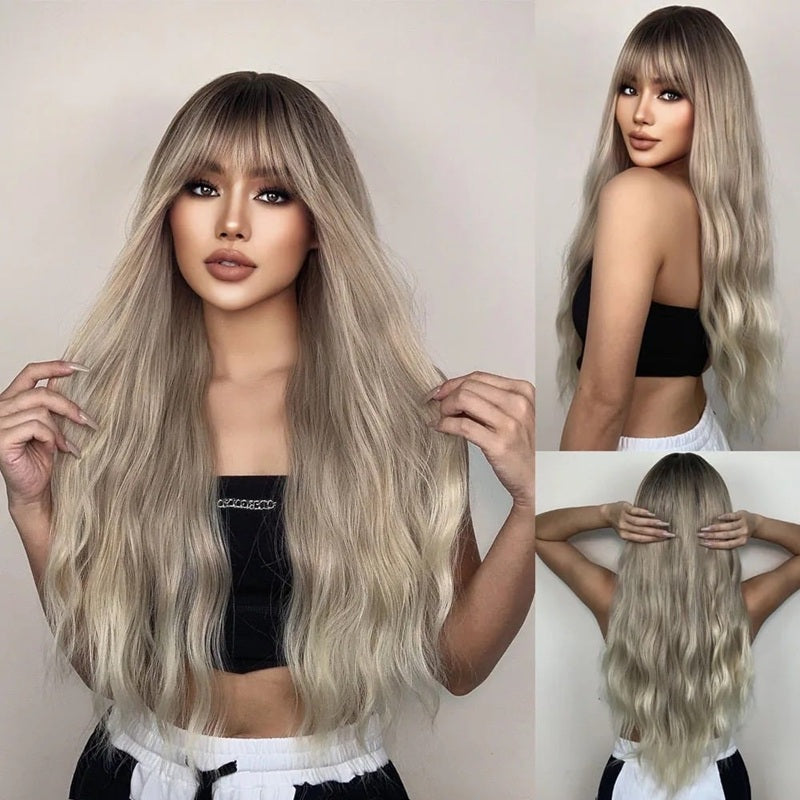 Peruca Blond cenusiu inchis, par lung ondulat, cu breton, 65 cm