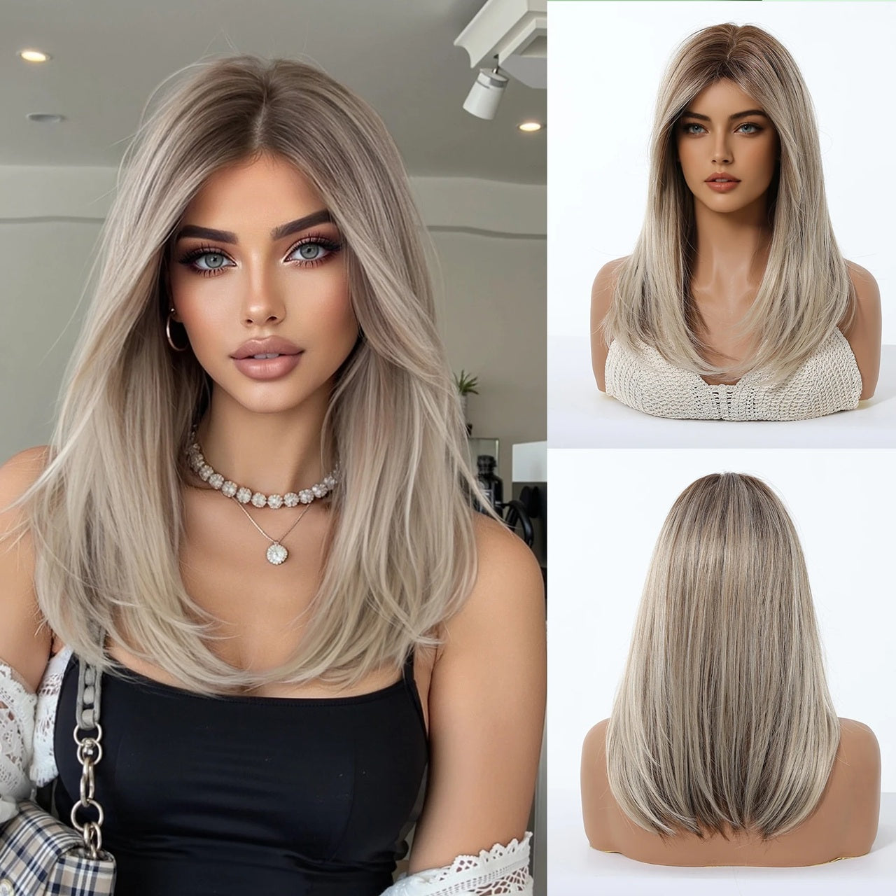 Peruca Blond Cenusiu, par mediu drept, cu breton, 40 cm
