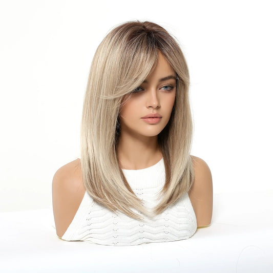 Peruca Blond cenusiu suvitat, par mediu drept, cu breton, 40 cm