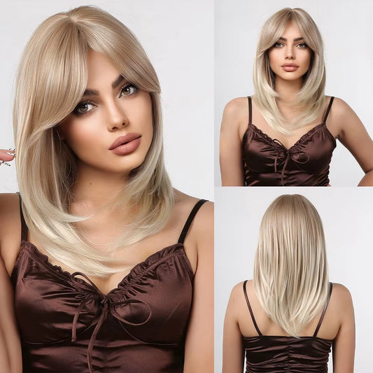 Peruca Blond Cenusiu Perlat, par mediu drept, cu breton, 40 cm