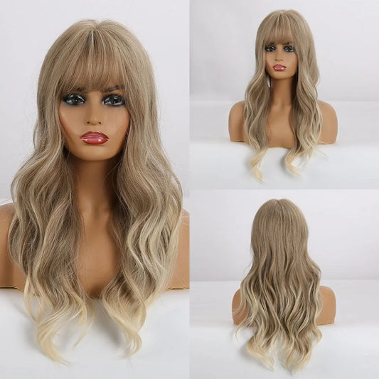 Peruca Blond Nisipiu, par lung ondulat, cu breton, 65 cm