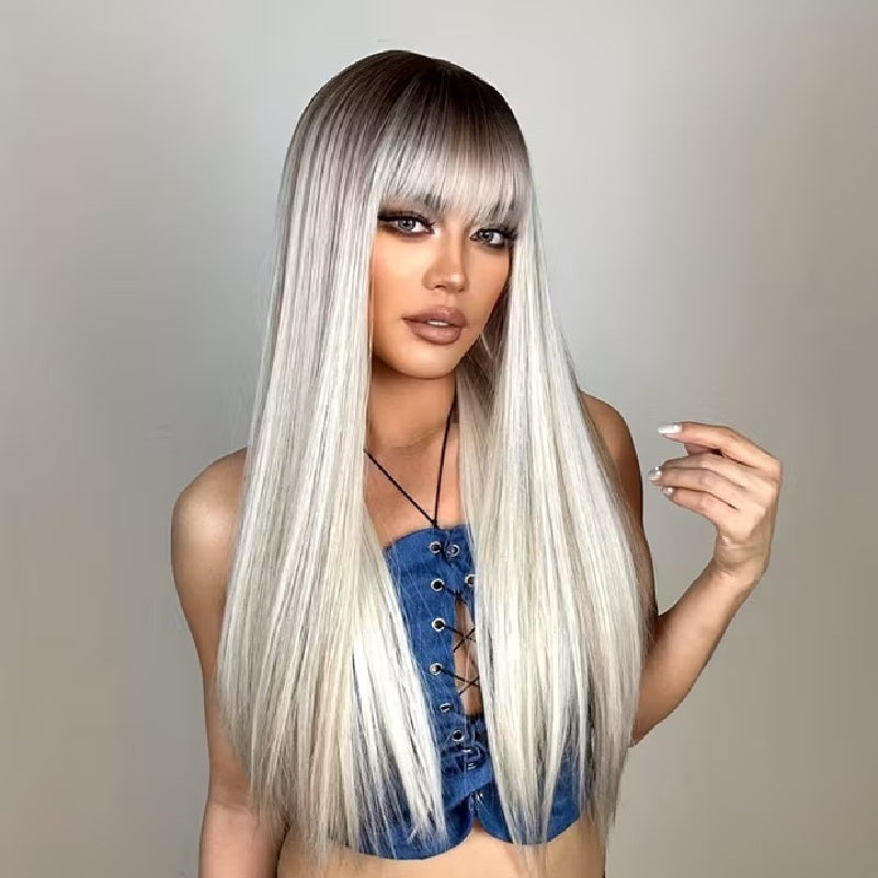 Peruca Blond Deschis suvitat Ombre, par lung drept, cu breton, 66 cm