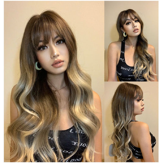 Peruca Ombre Blond Inchis, lunga ondulata, cu breton, 65 cm