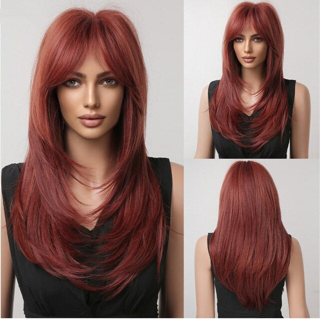 Peruca Burgundy Visiniu, par lung drept, cu breton, 60 cm