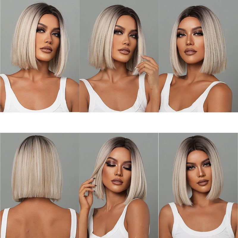 Peruca Ombre Blond suvitat, par bob drept fara breton, cu dantela frontala