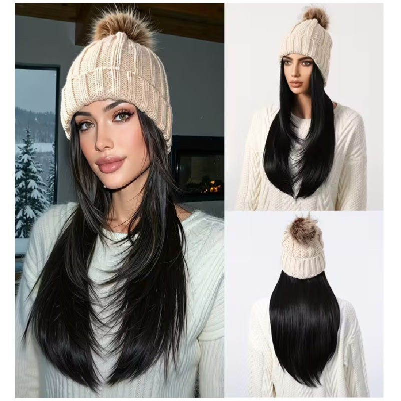 Peruca Negru deschis tip caciula, par lung si drept, 50 cm