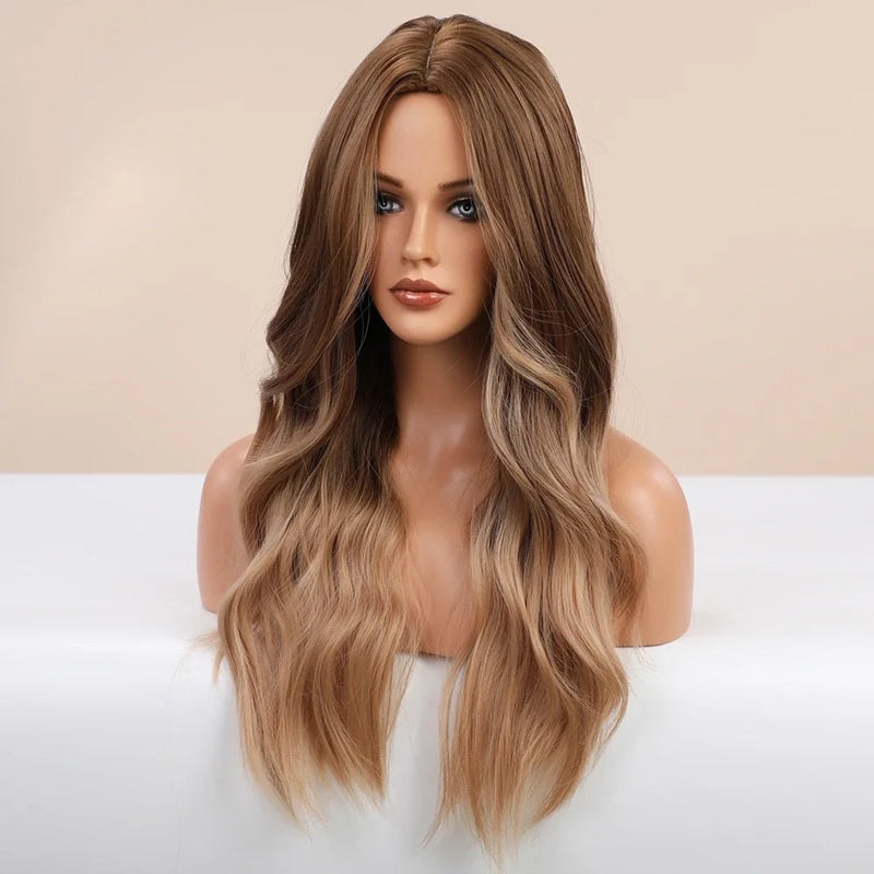 Peruca Blond Caramel, par lung ondulat, fara breton, 65 cm