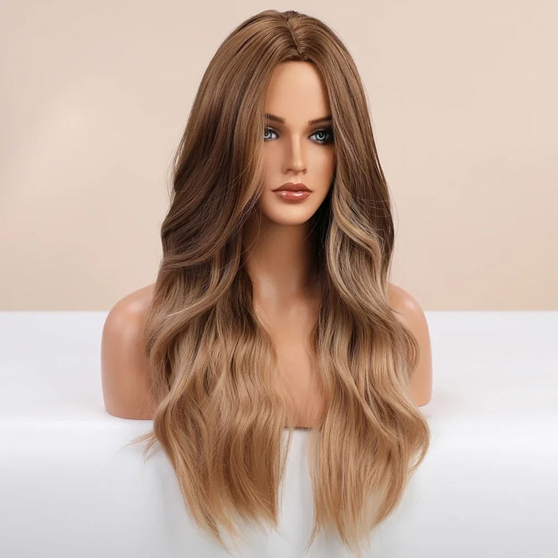 Peruca Blond Caramel, par lung ondulat, fara breton, 65 cm