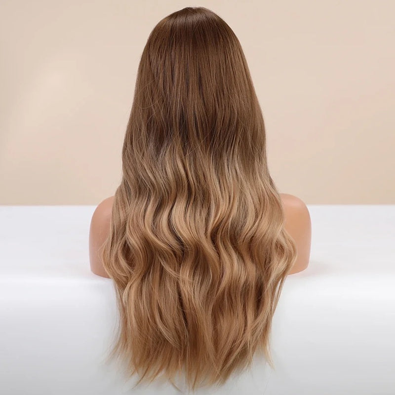 Peruca Blond Caramel, par lung ondulat, fara breton, 65 cm