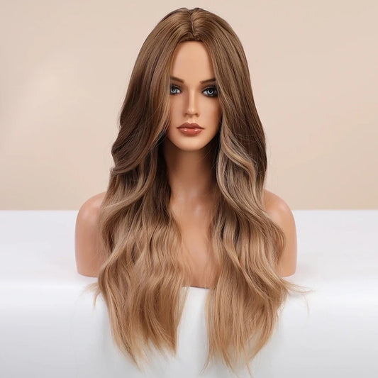 Peruca Blond Caramel, par lung ondulat, fara breton, 65 cm