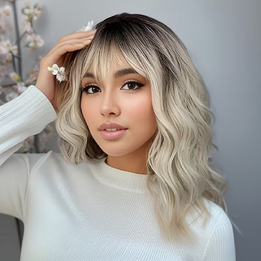 Peruca bob Ombre BLOND, par ondulat, cu breton, 36 cm