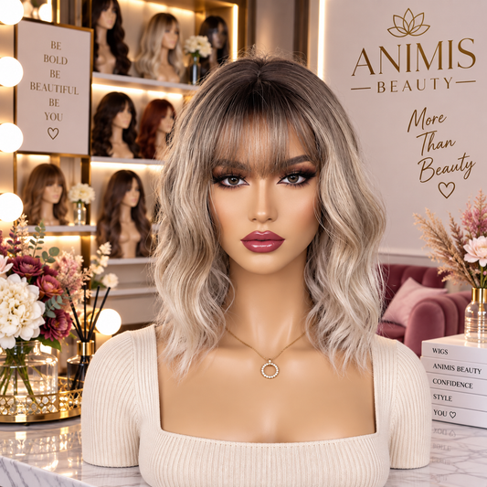 Peruca bob Ombre BLOND, par ondulat, cu breton, 36 cm