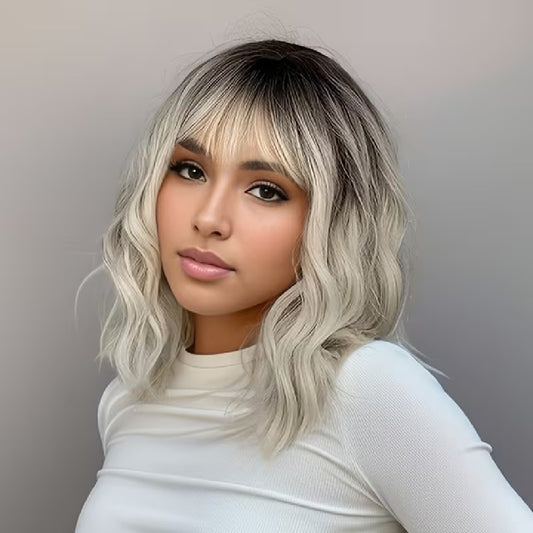 Peruca bob Ombre BLOND, par ondulat, cu breton, 36 cm