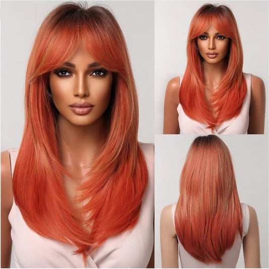 Peruca Blond ORANGE, par lung drept, cu semi breton, 60 cm