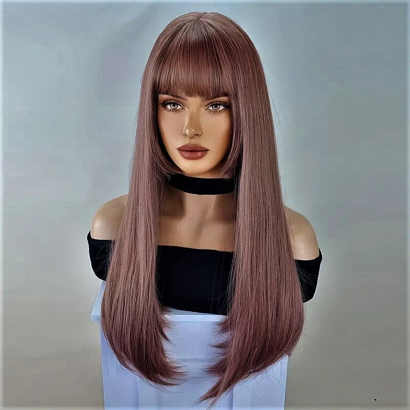 Peruca Lila, par lung drept, cu breton, 60 cm