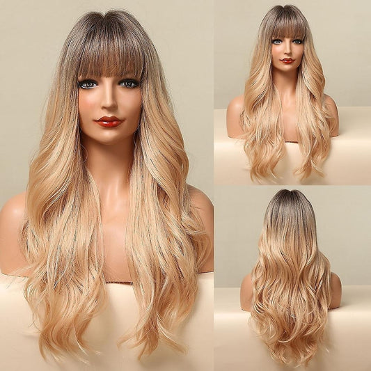Peruca Ombre Blond Caramel, par lung ondulat, cu breton, 65 cm