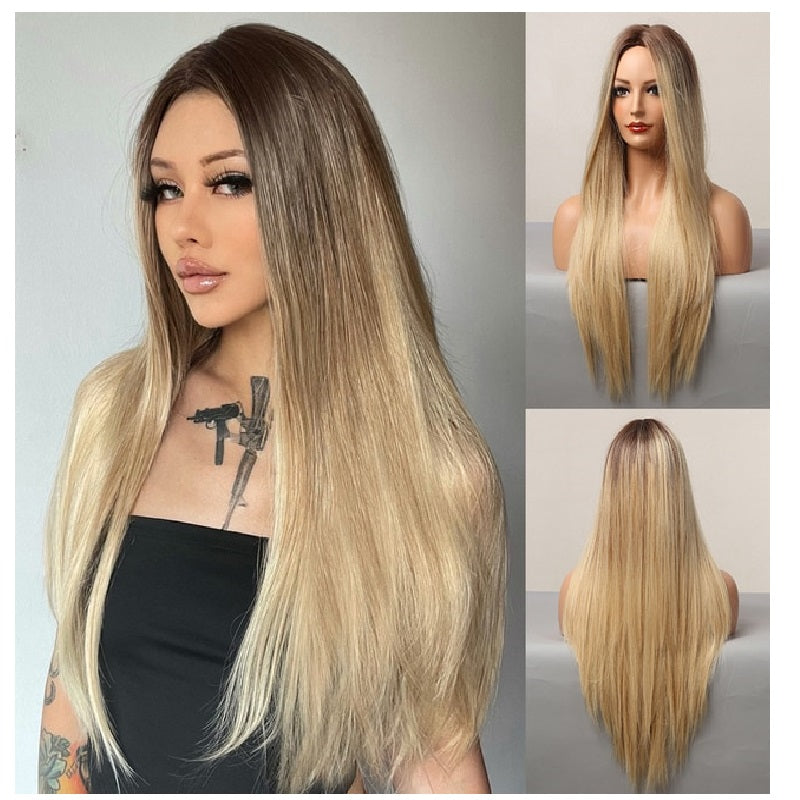 Peruca Ombre Blond, par lung drept, fara breton, 65 cm