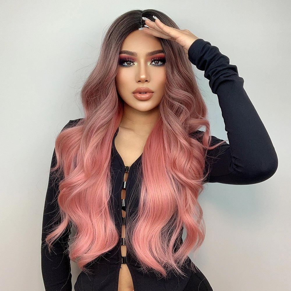 Peruca Roz Ombre, par lung ondulat, fara breton, 76 cm