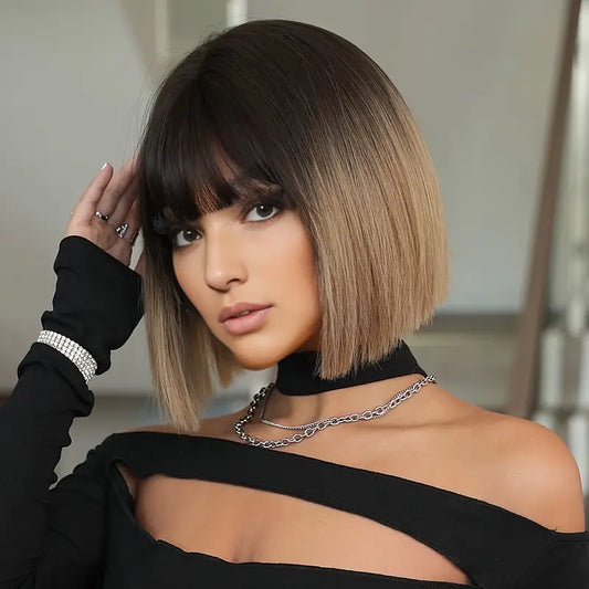 Peruca bob Ombre Saten deschis, par mediu drept, cu breton, 30 cm