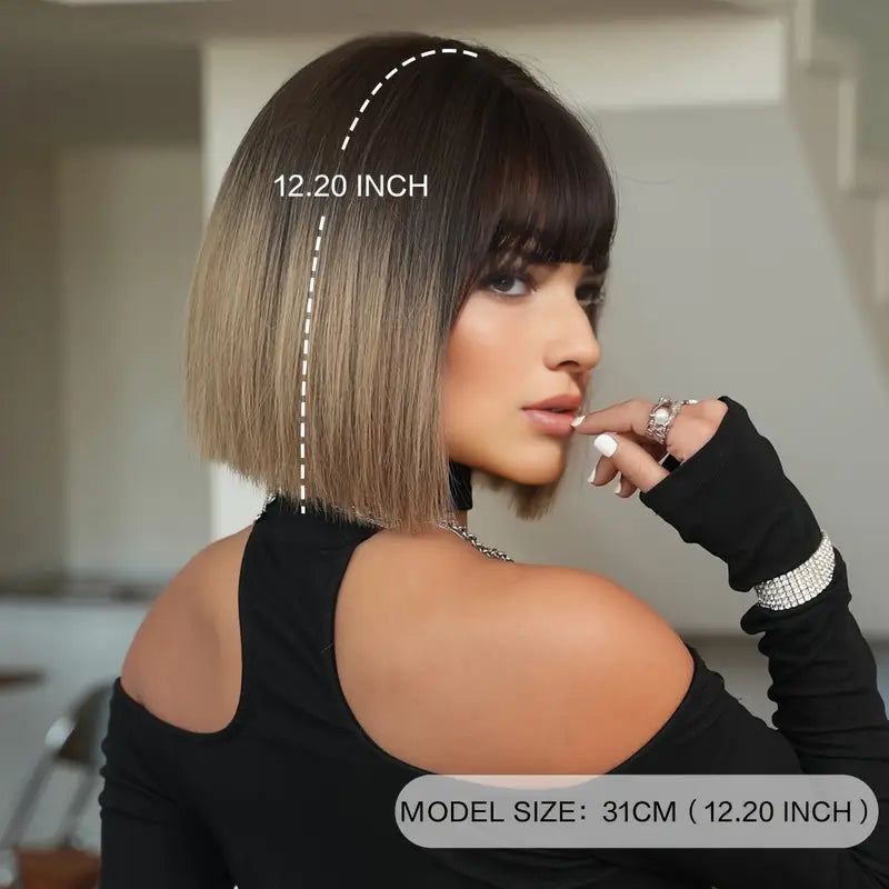 Peruca bob Ombre Saten deschis, par mediu drept, cu breton, 30 cm