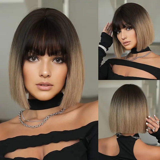 Peruca bob Ombre Saten deschis, par mediu drept, cu breton, 30 cm