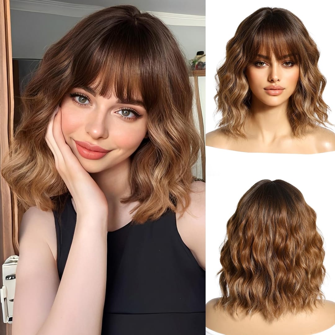 Peruca Blond inchis, par bob ondulat, cu breton, 40 cm
