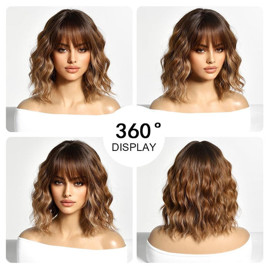 Peruca Blond inchis, par bob ondulat, cu breton, 40 cm