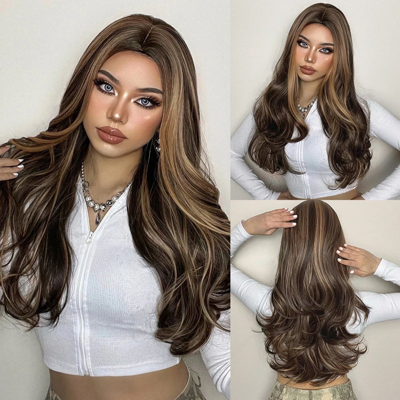 Peruca SATEN cu Suvite Blonde, par lung ondulat, fara breton, 65 cm