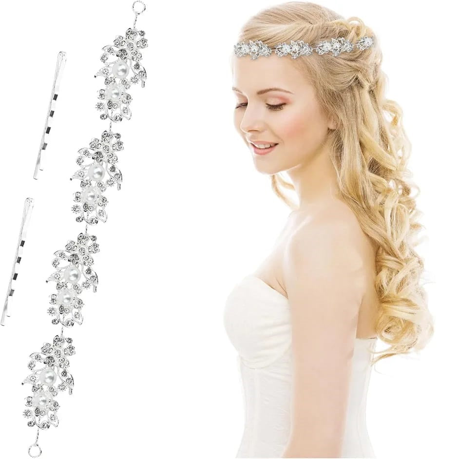 Accesoriu Par pentru Mireasa, tip Bijuterie, agrafa din fire delicate, flori cu cristale si perle, argintiu