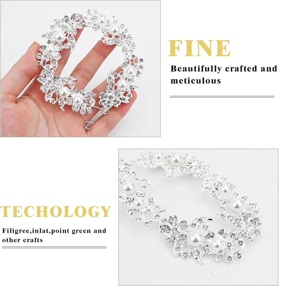 Accesoriu Par pentru Mireasa, tip Bijuterie, agrafa din fire delicate, flori cu cristale si perle, argintiu