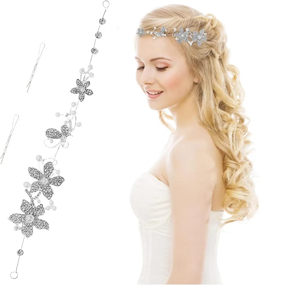 Accesoriu Par pentru Mireasa, tip Bijuterie, agrafa din fire delicate, flori cu cristale si perle, argintiu