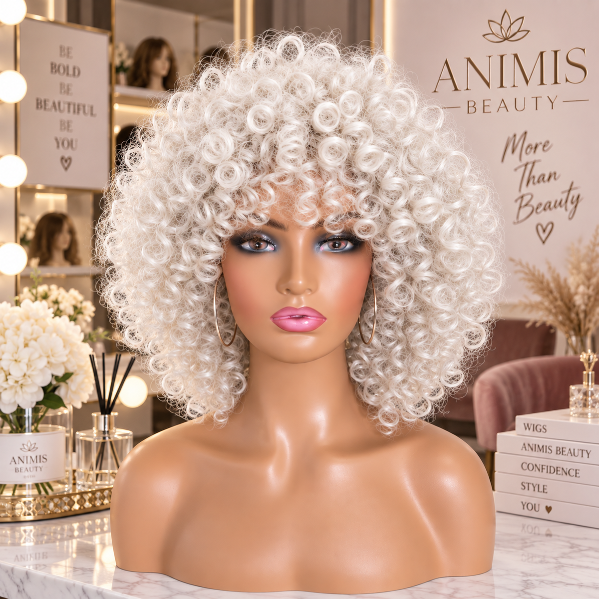 Peruca Alba scurta, afro, creata, fara breton, bufanta