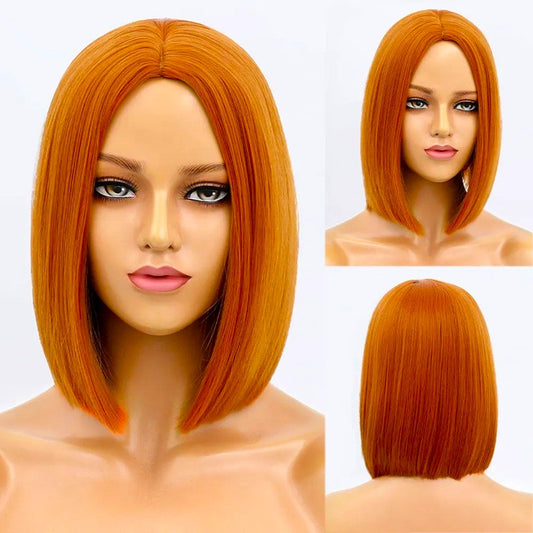 Peruca Orange portocalie pentru Cosplay Halloween, model bob, par drept, fara breton, 30 cm