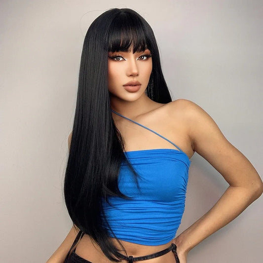 Peruca Neagra, par lung drept, cu breton, 65 cm