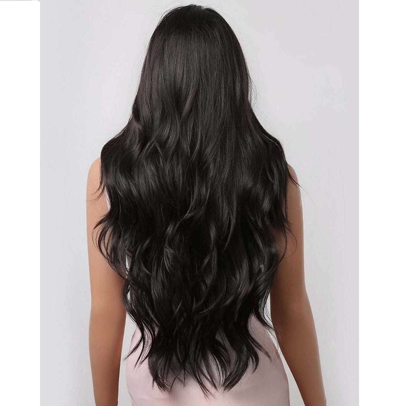 Peruca NEAGRA, par lung ondulat, fara breton, 76 cm