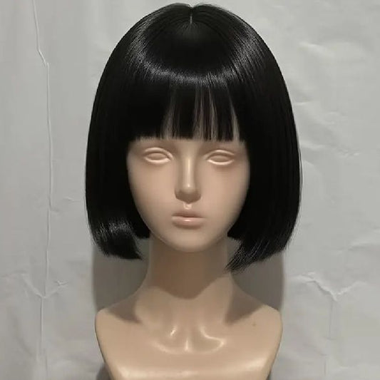 Peruca Neagra pentru Cosplay Halloween carnaval, model bob, par bob drept, cu breton, 30 cm