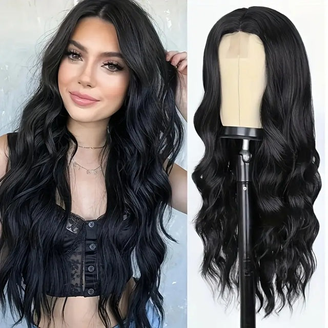 Peruca Neagra lunga ondulata, fara breton, cu dantela frontala, 70 cm