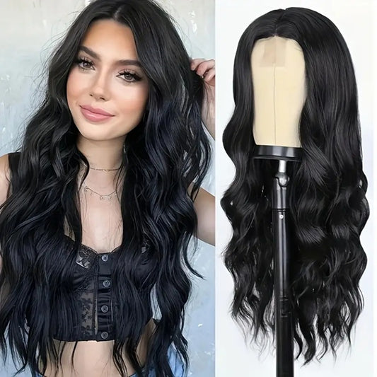 Peruca Neagra lunga ondulata, fara breton, cu dantela frontala, 70 cm
