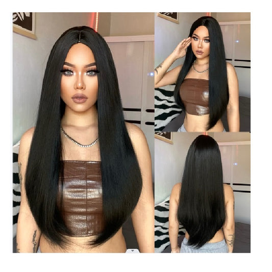 Peruca Neagra fara breton, par lung drept, 65 cm